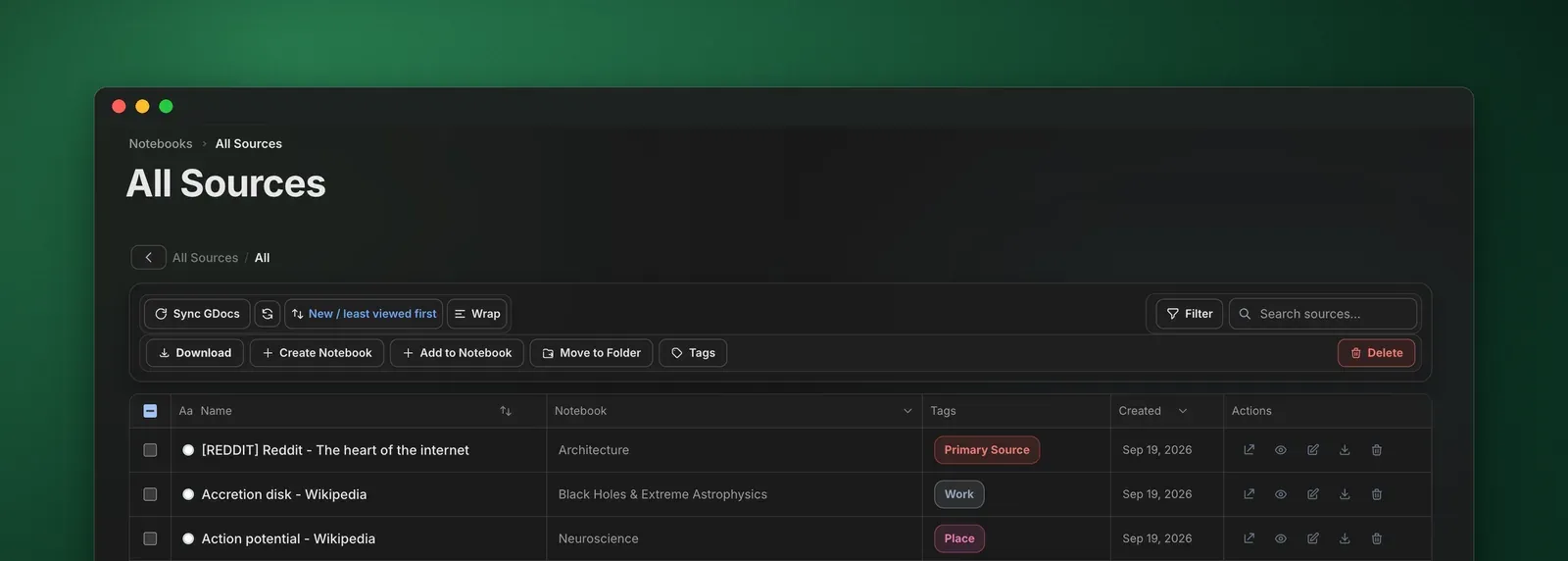 The All Sources table in the Kortex Workspace, in dark mode. The toolbar holds Sync GDocs, sort, Wrap, Download, Create Notebook, Add to Notebook, Move to Folder, Tags, Filter, a search box and Delete, above rows of sources with their notebook, tag and date.