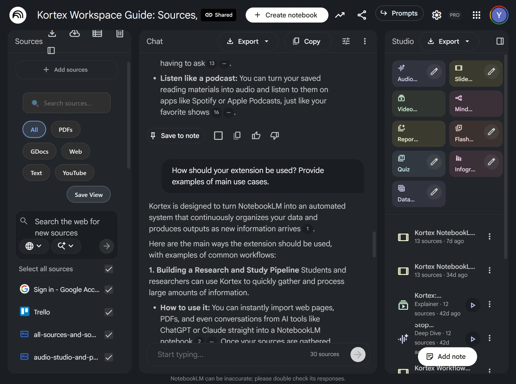 A notebook open in Gemini Notebook with Kortex's additions: buttons above the sources for downloading, syncing Google Docs, views and deleting, source filters for PDFs, Google Docs, web, text and YouTube with a Save View button, Export and Copy buttons on the chat, an Export button on the Studio panel and a Prompts button in the header.