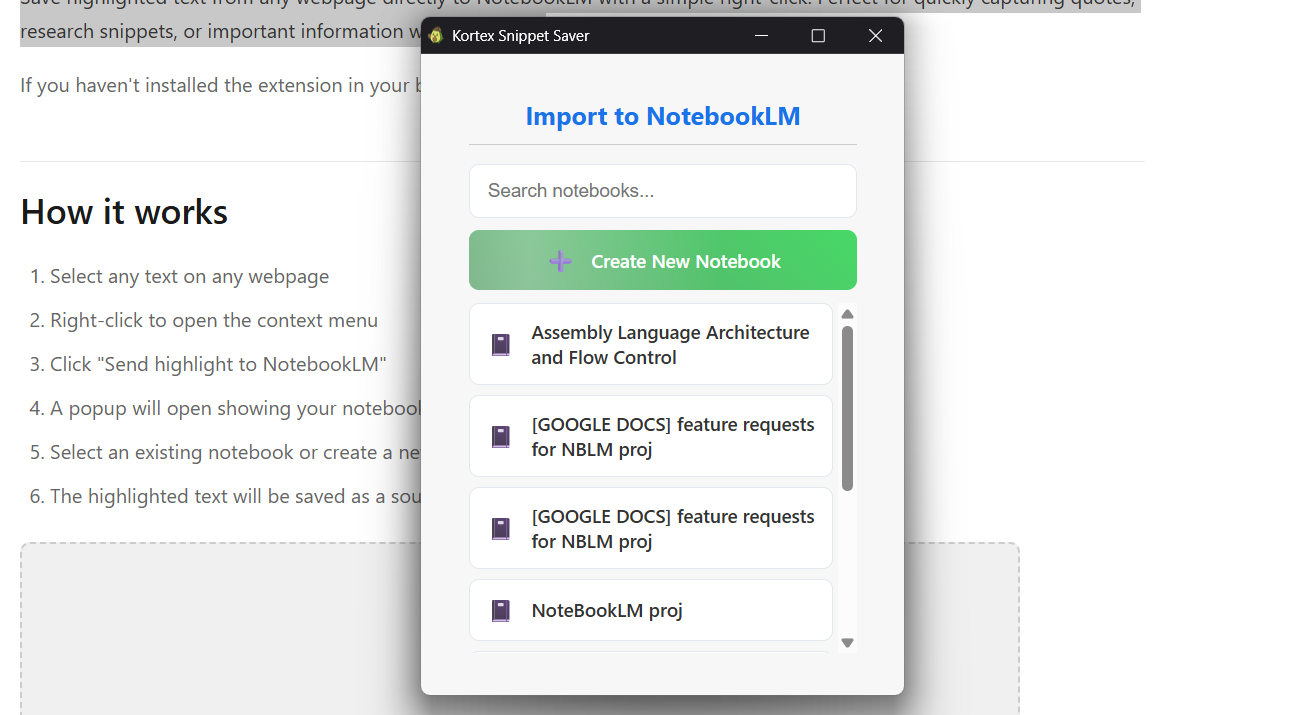 Notebook Selection Popup