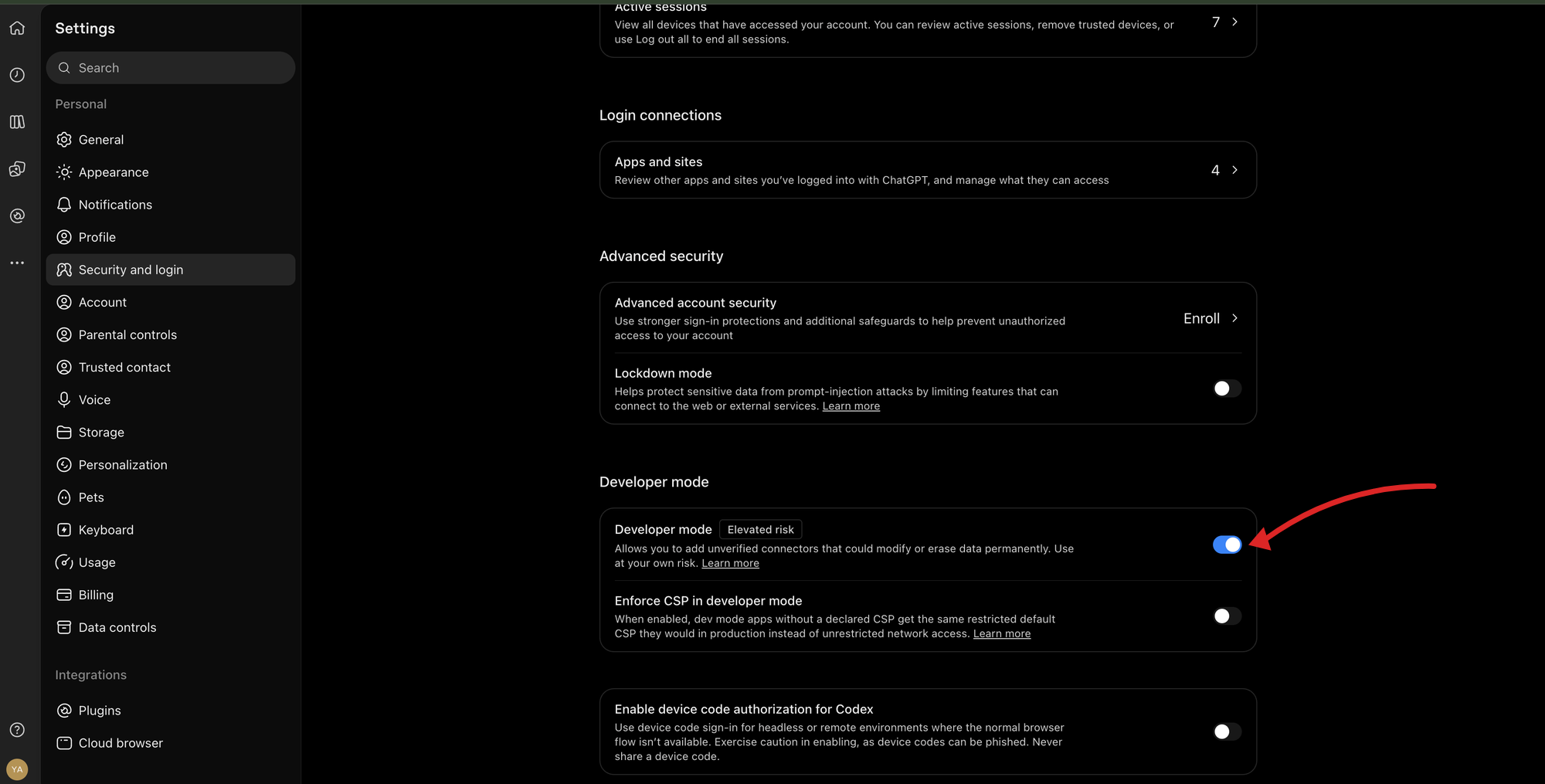 Developer mode in ChatGPT settings