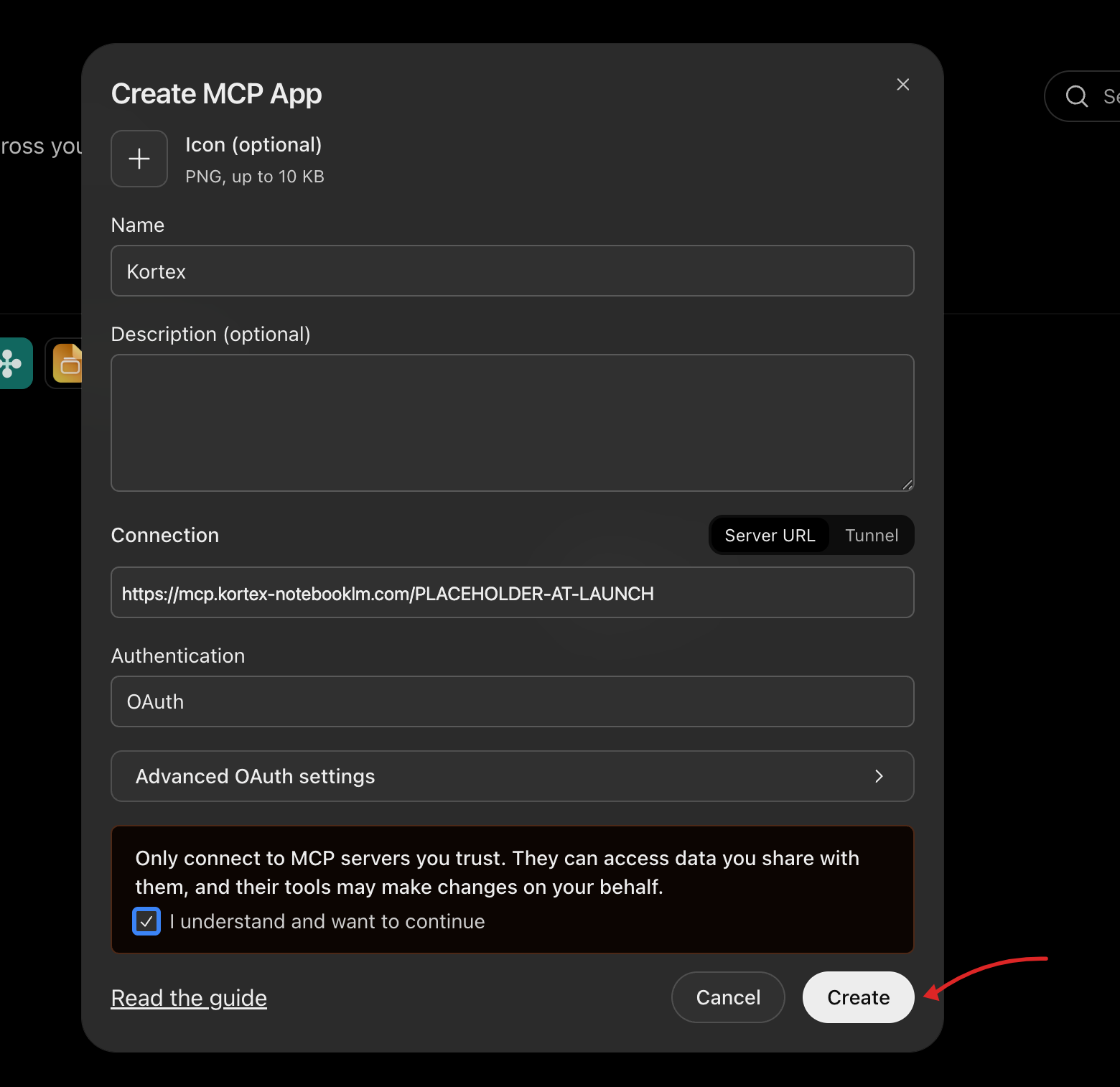 The Create MCP App dialog
