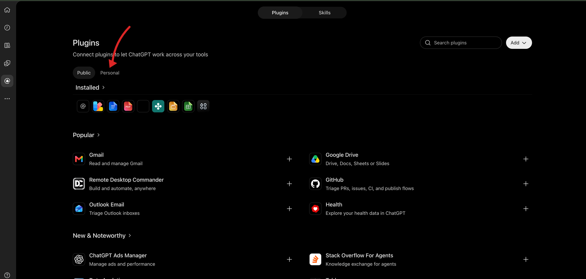 The Personal tab in ChatGPT plugins