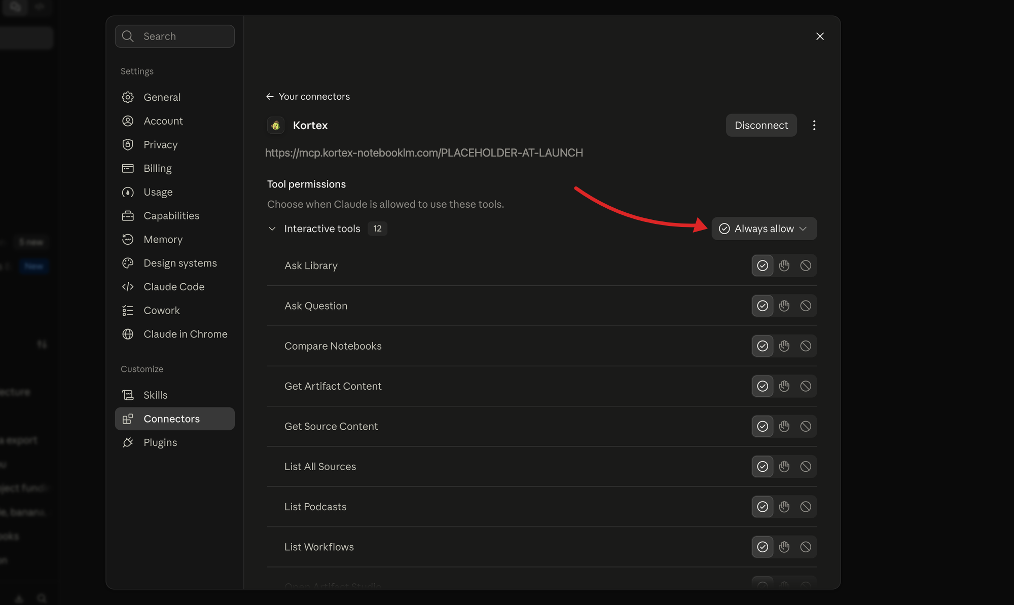 Tool permissions for the Kortex connector