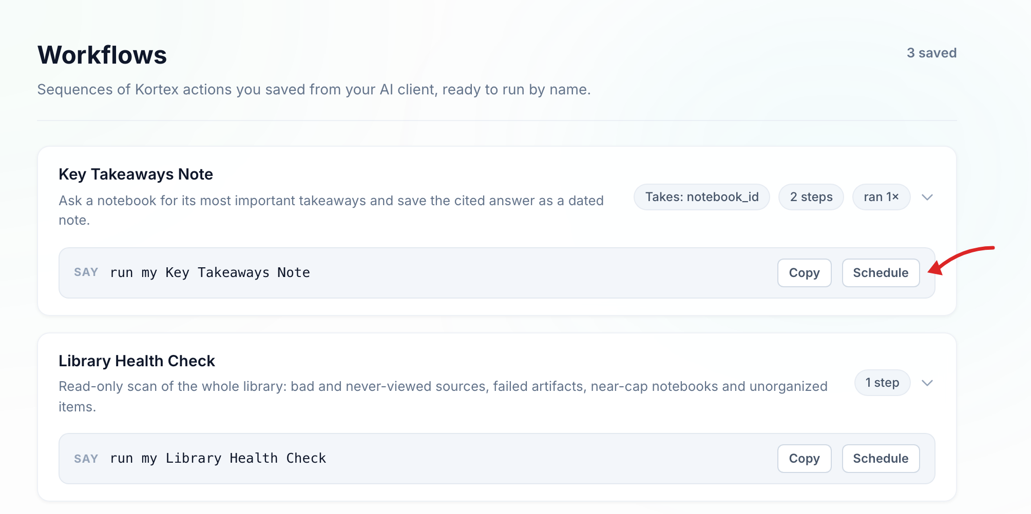 Saved workflows in the dashboard
