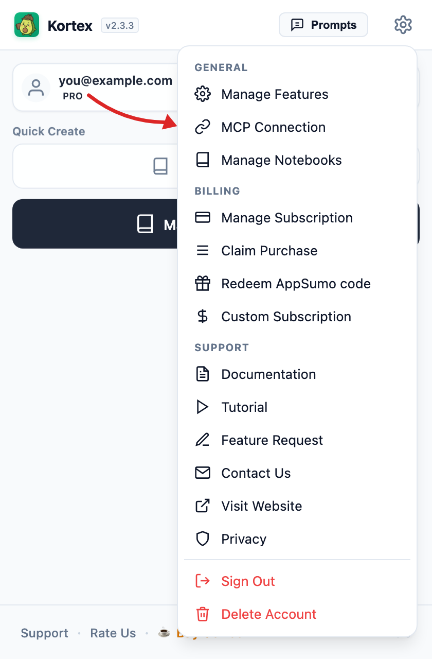 Settings menu, where MCP Connection lives