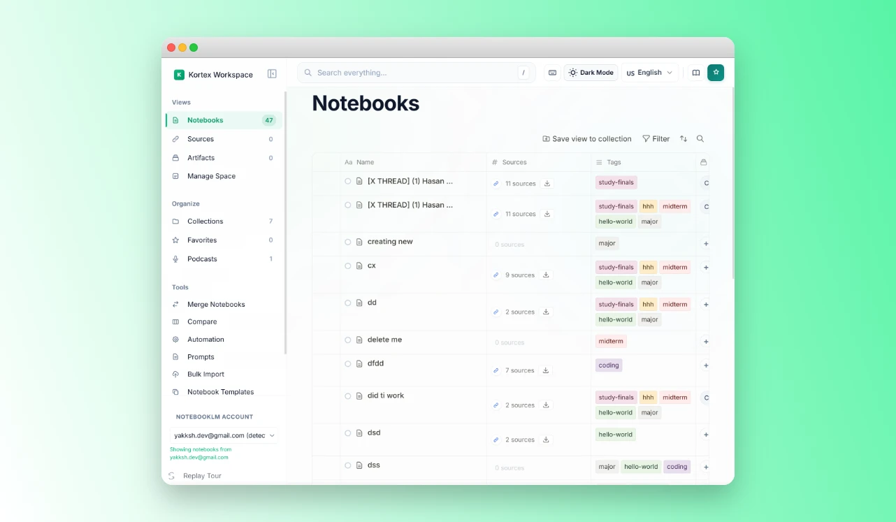 Kortex dashboard showing NotebookLM enhanced with export controls and organization panels