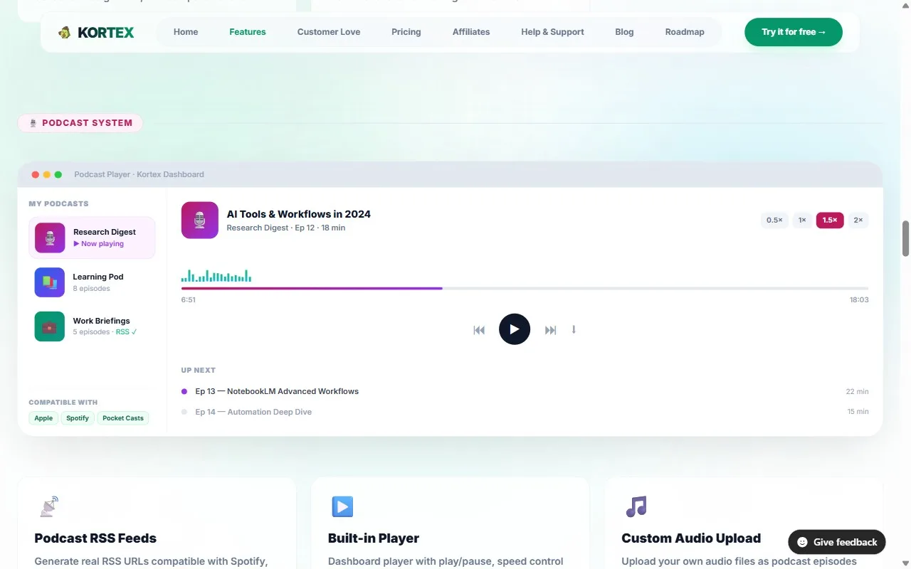 Kortex Audio Studio showing the built-in podcast player with episode queue, speed controls, and RSS feed compatibility