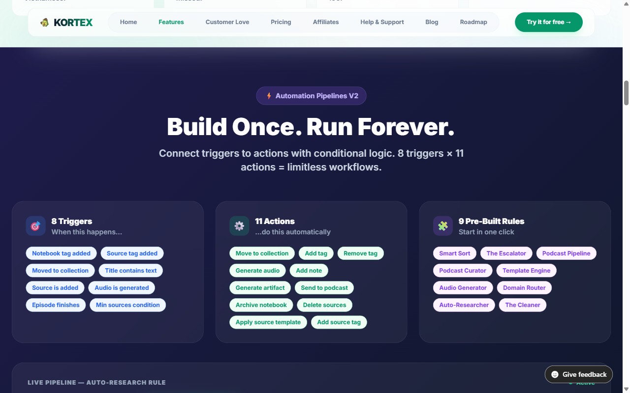 Kortex Automation Pipelines V2 showing 8 triggers, 11 actions, and 9 pre-built rules