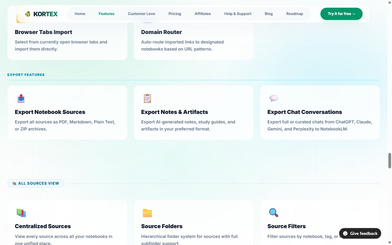 Kortex export features: Export Notebook Sources, Export Notes and Artifacts, Export Chat Conversations
