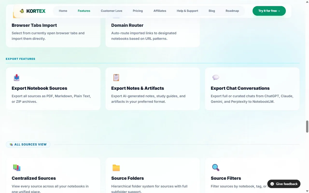 Kortex export features: Export Notebook Sources, Export Notes and Artifacts, Export Chat Conversations