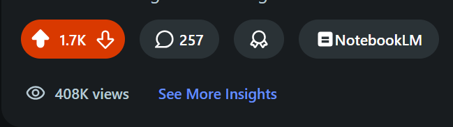 1.7K upvotes, 257 comments, 408K views on a NotebookLM post