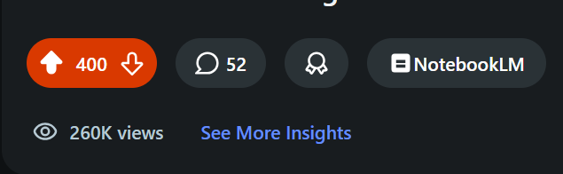 400 upvotes, 52 comments, 260K views on a NotebookLM post